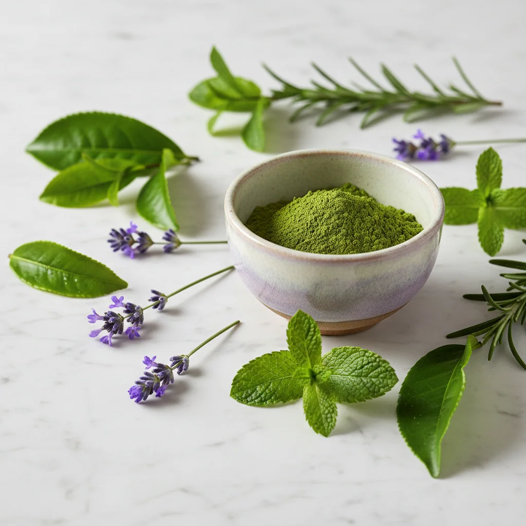 Matcha groene thee extract en kruiden close-up - plantaardige ingrediënten voor normale stofwisseling