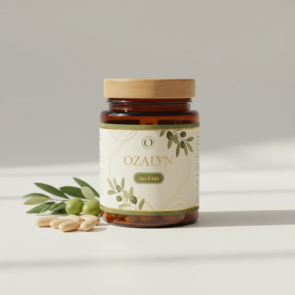 Ozalyn voedingssupplement verpakking - slanke witte pot met paars deksel en botanisch etiket